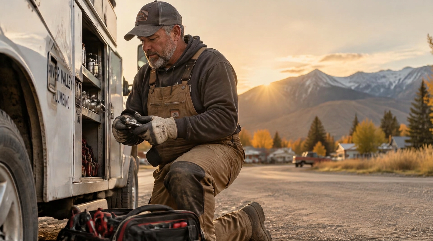 Plumber kneeling beside his service truck at sunrise in a small Idaho town